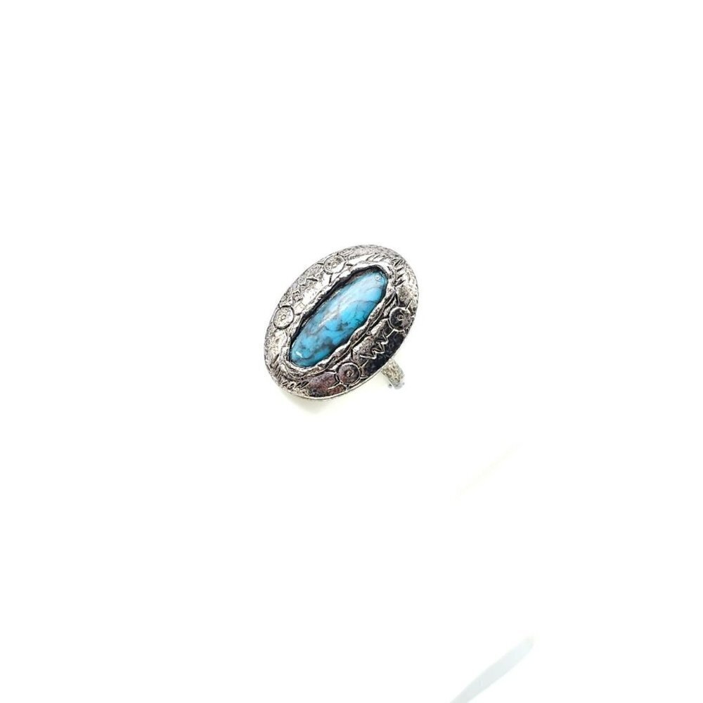 Faux Blue Turquoise Southwest Silver Tone Vintage 1970s Oval Ring Size 7